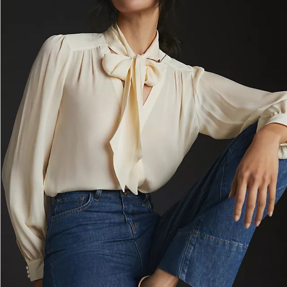 NWT PAIGE Kristie V-Neck Bow Tie XS Small Silk Blouse Long Sleeve Anthropologie